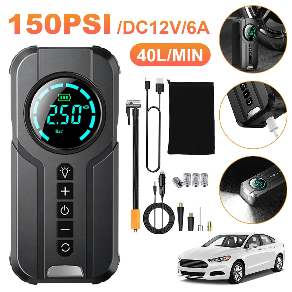 Car Bike Tires Air Pump 150 PSI Electric Tire Inflator LCD Display Electric Air Pump Inflator Digital Cordless Car Tyre Inflator