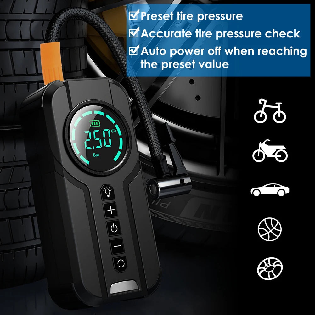 Car Bike Tires Air Pump 150 PSI Electric Tire Inflator LCD Display Electric Air Pump Inflator Digital Cordless Car Tyre Inflator